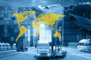 World map with logistic network distribution on background