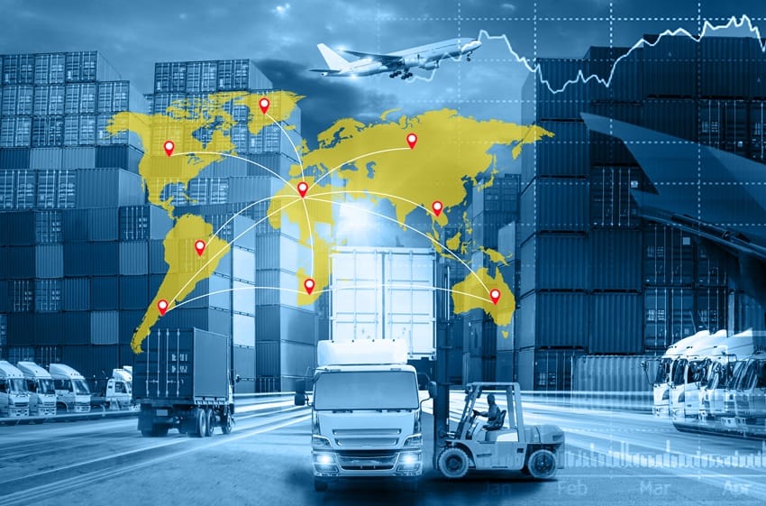 World map with logistic network distribution on background